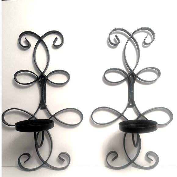 Ornate Black Iron Wall Sconce Candle Holders Set Of 2 Scroll Design 16" Tall - Picture 6 of 7